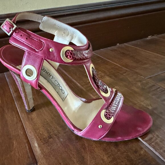 Jimmy Choo Napa Watersnake Burgundy T-Strap Heeled Sandals - Picture 7 of 9